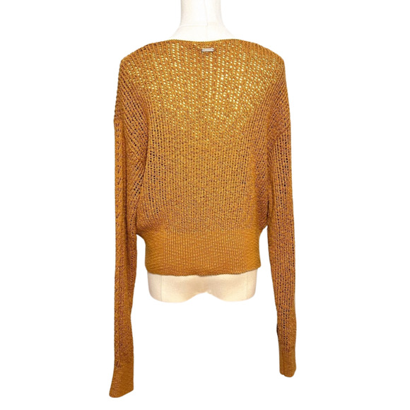 Billabong Feel the Breeze Mustard Brown Open Knit V Neck Cropped Sweater Small - Picture 4 of 7